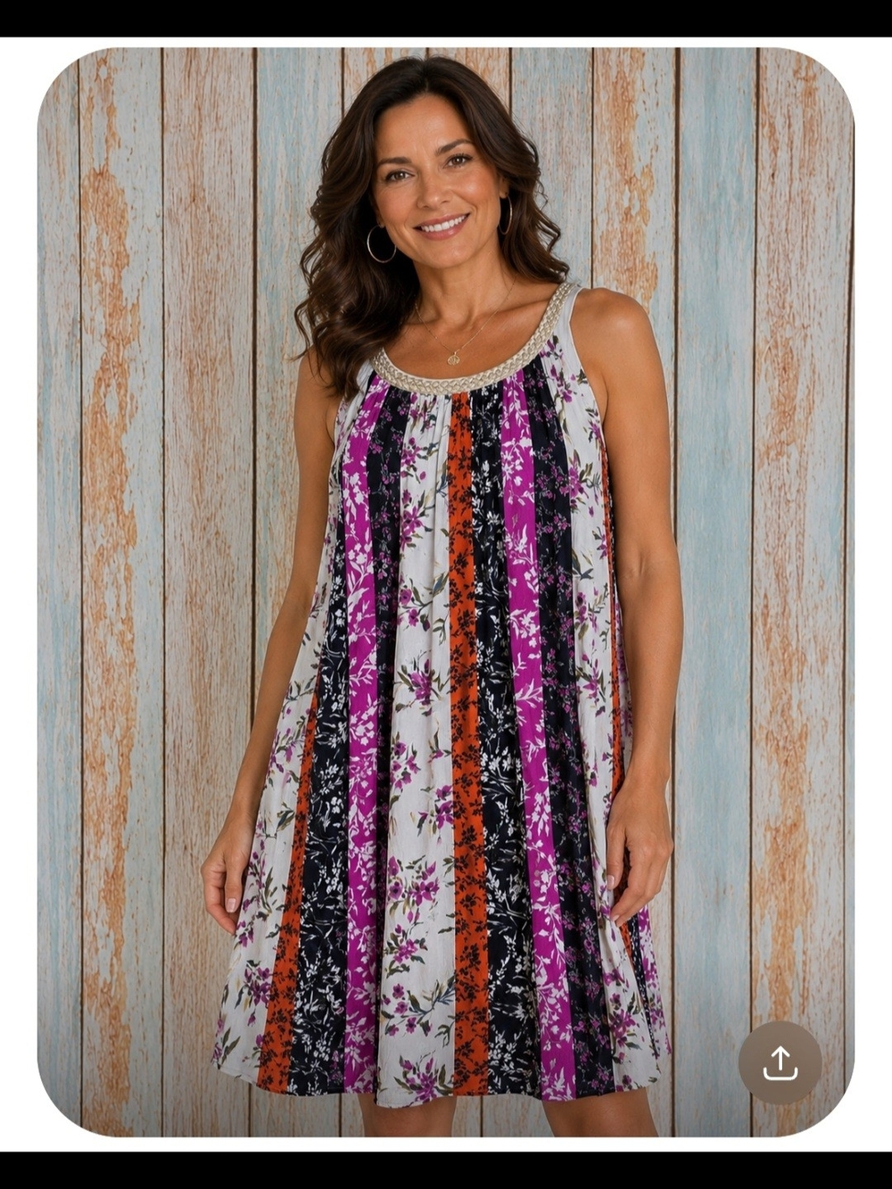 Nina Leonard Multicolor Floral Stripe Pleated Dress with Gold Trim. Size M